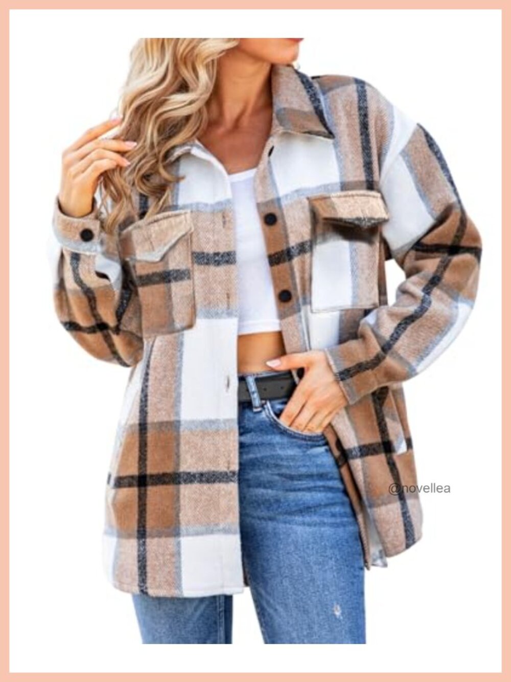 Women's Plaid Shacket Nylon Spandex Flannel Button-Down Jacket